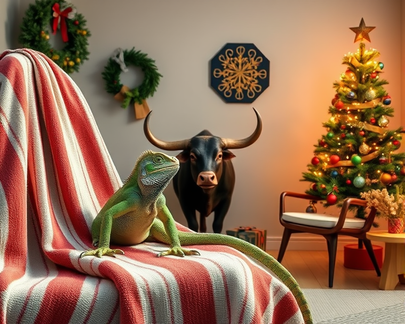 towel, iguana, bull, chair, christmas tree